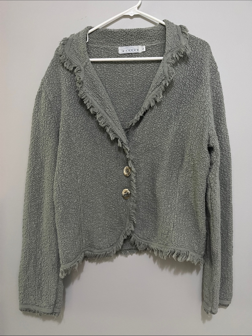 Willow Sage Green Textured Fringe Trim Women's Cardigan Sweater